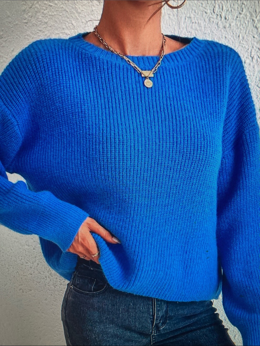 Blue Ribbed Crewneck Sweater - Women